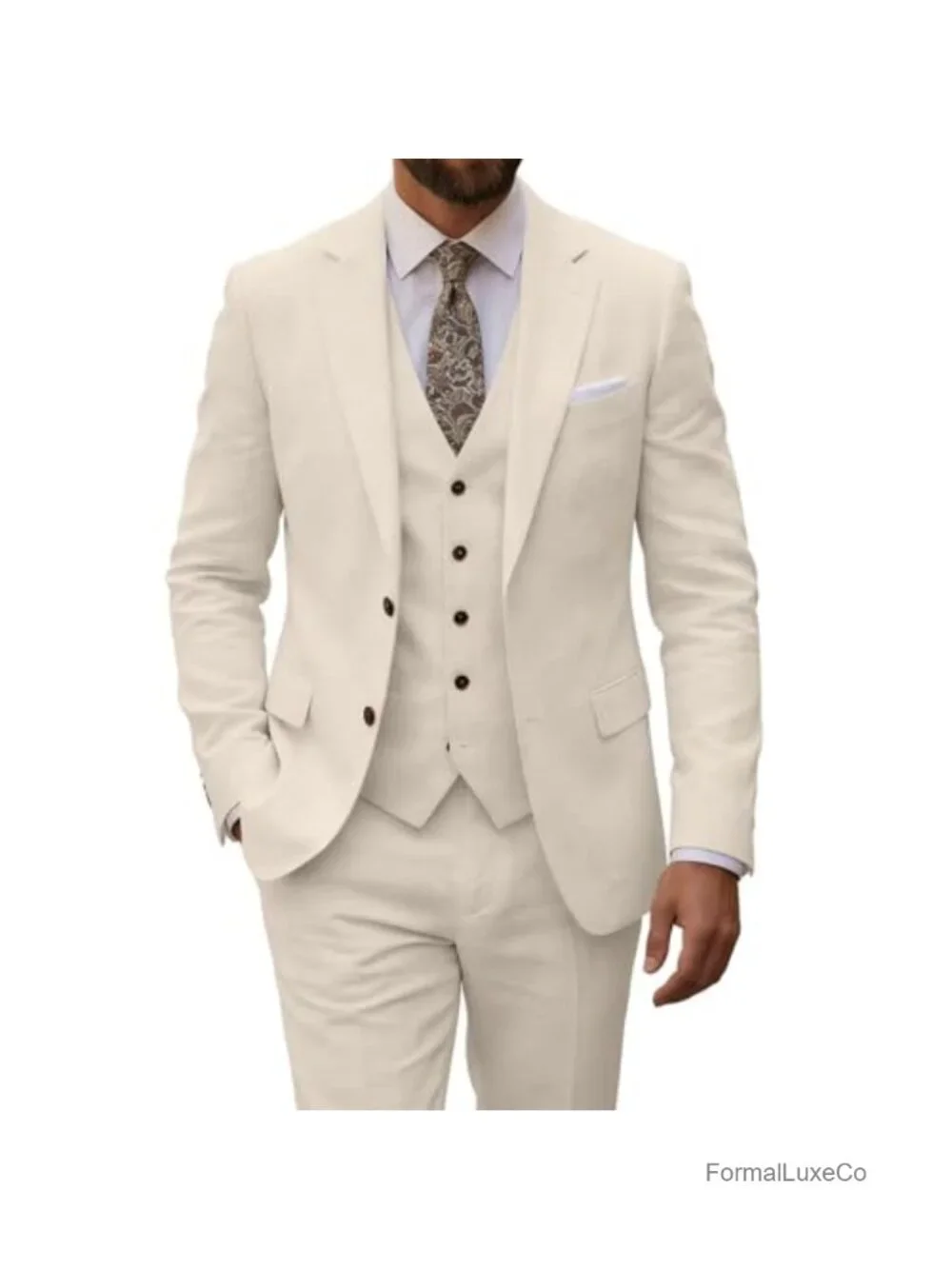 Men's 3-Piece Slim Fit Linen Suit Set Wedding Beach Blazer Vest Pants
